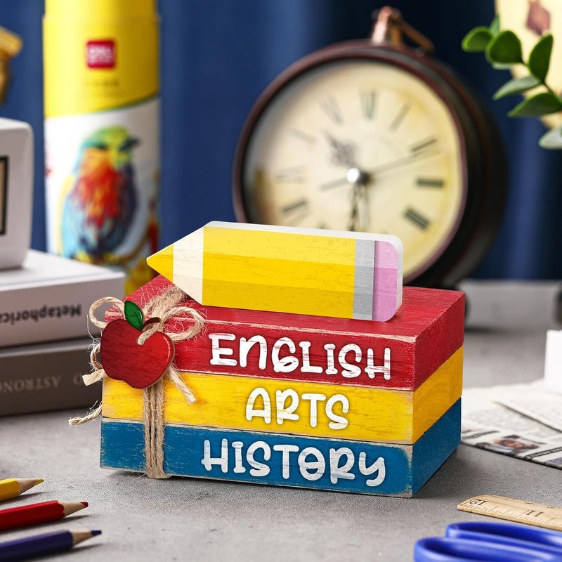 Anglechic 4 Pcs Back to School Table Decorations First Day of School Tiered Tray Decorations Decorative Mini Wooden Books Subject Signs for Office Shelf Classroom Tabletop Bookshelf(Pencil) - Image 2